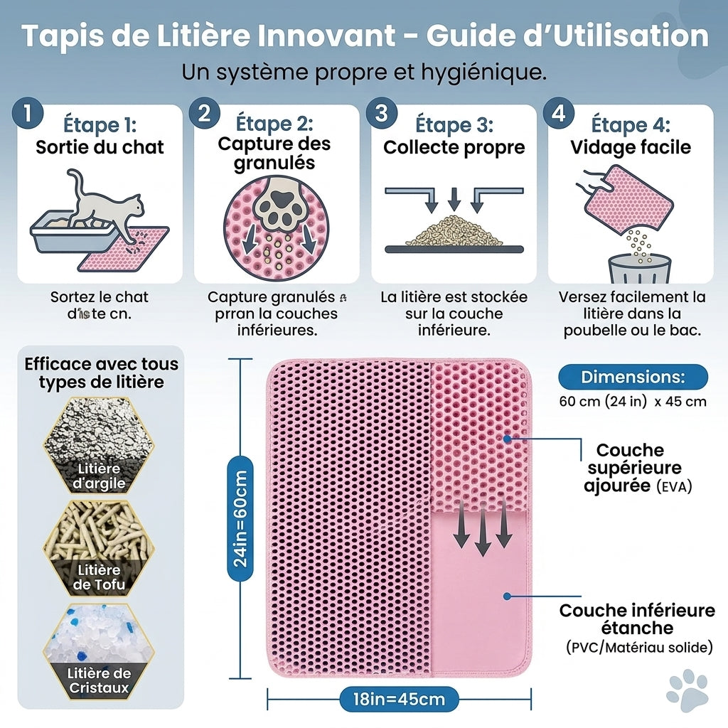 Tapis de Litière pour Chat Double Couche – Anti-Saleté & Imperméable